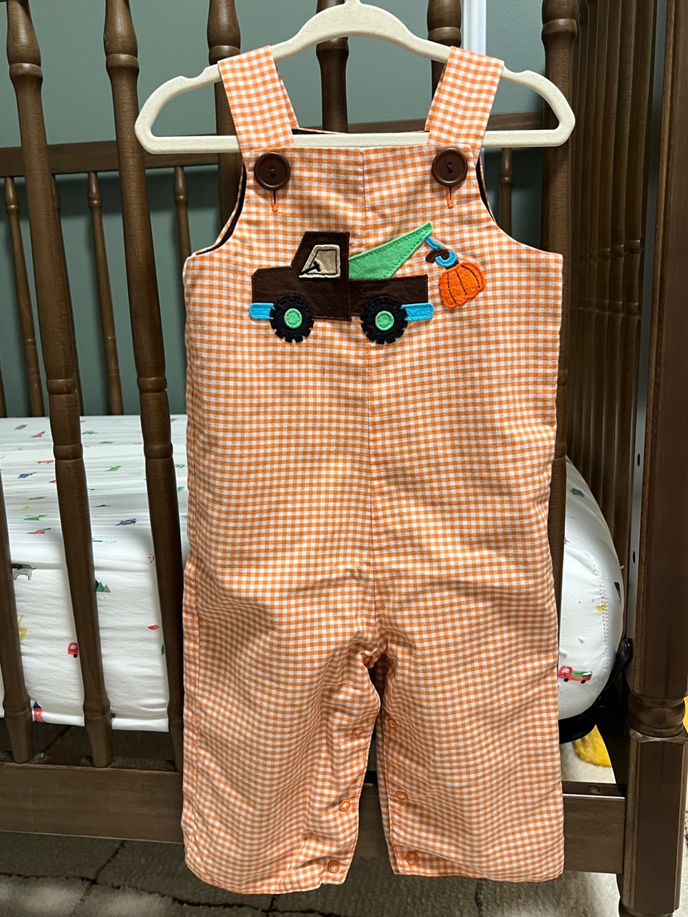Kelly's Kids Orange Gingham Overalls with Truck & Pumpkin Applique